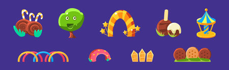 Amusement Park and Funfair Object with Sweet Pastry and Candy Vector Setのイラスト素材