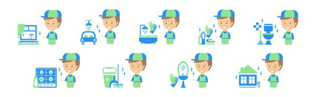 Cleanup Service with Man and Housework Flat Icon Vector Setのイラスト素材