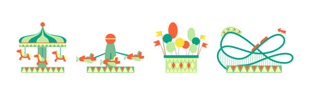 Fairground with Carousel, Balloon and Rollercoaster Vector Setのイラスト素材