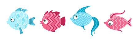 Cute Sea Fish as Aquarium Swimming Creature Vector Setのイラスト素材