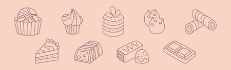 Flat Line Dessert and Sugary Pastry Treat Vector Set