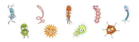 Bacteria and Microbe Cute Germs with Faces Vector Setのイラスト素材