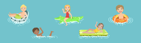 Happy Children Character at Sea Swimming in Water Vector Set