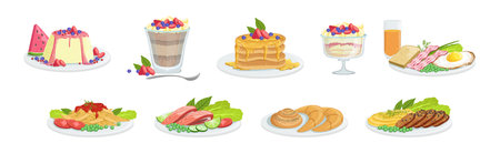 Different Meal and Food Served on Plate Vector Setのイラスト素材