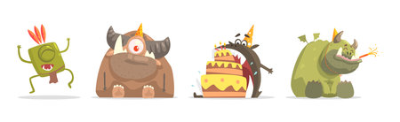 Toy Monster With Birthday Party Object Vector Setのイラスト素材
