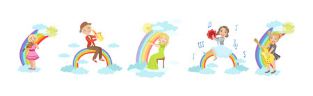 Kid Playing Musical Instrument on Rainbow Vector Setのイラスト素材