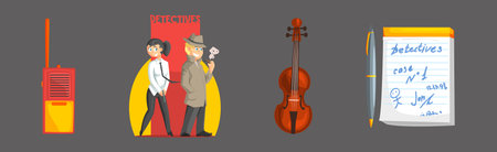 Classic Detective Items and Tools Colorful Vector Setのイラスト素材