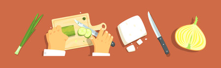 Cooking Process with Hand and Ingredient Table Above Vector Setのイラスト素材