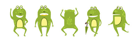 Cute Green Frog in Different Activity Vector Setのイラスト素材