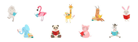 Funny Animal Character Read Book and Interesting Literature Vector Setのイラスト素材