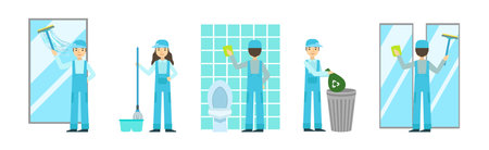Cleaning Service with Professional Man and Woman Worker Character Vector Setのイラスト素材