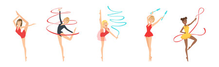 Woman Gymnast with Sport Ribbon Perform Gymnastics Pose Vector Setのイラスト素材