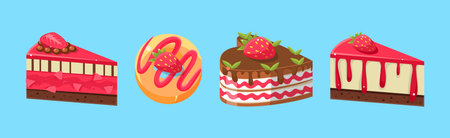 Strawberry Cake Piece and Donut as Sweet Dessert Vector Set