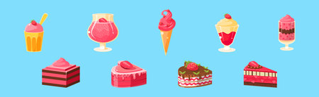 Strawberry Ice Cream, Cake and Pudding in Glass as Sweet Dessert Vector Setのイラスト素材
