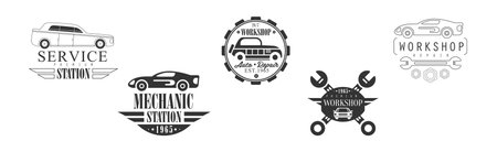 Auto Repair and Mechanic Workshop Label and Emblem Vector Setのイラスト素材