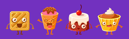 Funny Dessert Character with Smiling Face Vector Setのイラスト素材