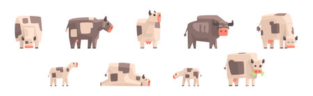 Cow Animal Grazing in Country Farm Vector Setのイラスト素材