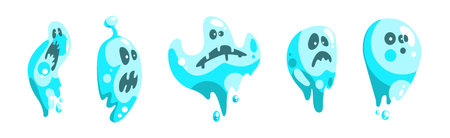 Blue Ghost Character with Scary Face Grimace Vector Setのイラスト素材