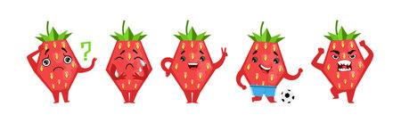 Funny Strawberry Flat Character with Emotion Vector Setのイラスト素材