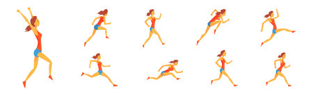 Woman Run Marathon Race Moving Fast and Sprinting Vector Setのイラスト素材