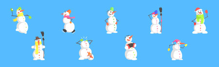 Funny Snowman Character Made of Snow Balls Vector Setのイラスト素材