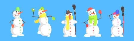 Funny Snowman Character Made of Snow Balls Vector Setのイラスト素材