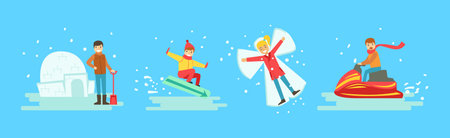 People Character as Winter Holiday Having Fun Outdoors Vector Setのイラスト素材