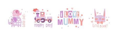 Kids Print in Simple Style with Inscription Vector Setのイラスト素材