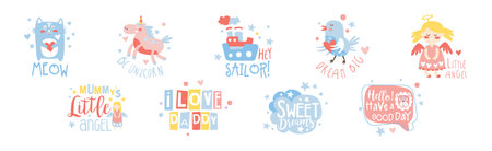 Kids Print in Simple Style with Inscription Vector Setのイラスト素材