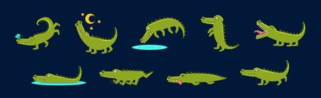 Cute Green Crocodile Animal Engaged in Different Activity Vector Setのイラスト素材