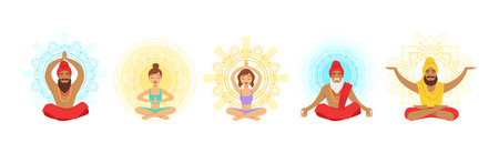 Meditating People in Yoga Lotus Pose Vector Setのイラスト素材