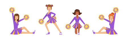 Dance of Cheerleader Girl Character in Uniform with Pompom Vector Setのイラスト素材