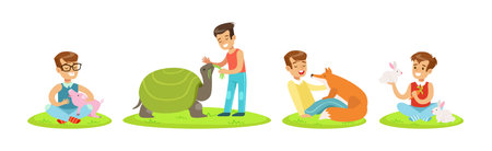 Happy Children and Cute Animals In Petting Zoo Vector Setのイラスト素材