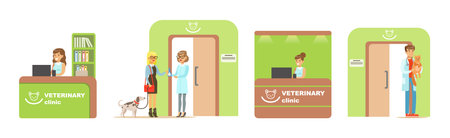 Veterinary Clinic with People Doctor and Pet Owner Vector Setのイラスト素材
