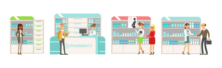 Smiling People Character at Pharmacy Store Choosing and Buying Drugs Vector Setのイラスト素材