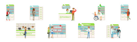 Smiling People Character at Pharmacy Store Choosing and Buying Drugs Vector Setのイラスト素材