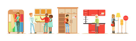 People Character In Furniture Shop Buying Object for House Interior Vector Setのイラスト素材