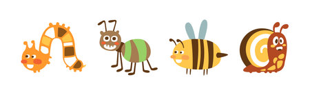 Funny Insect Character with Cute Smiling Face Vector Setのイラスト素材