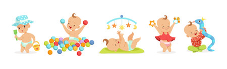Infant Newborn Baby Wear Diaper in Different Activity Vector Setのイラスト素材