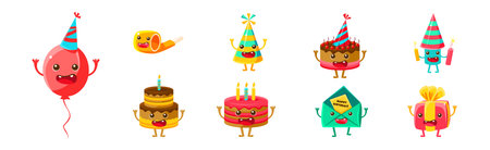 Happy Birthday Object with Funny Face and Arms Vector Setのイラスト素材