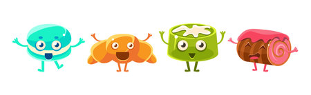 Funny Kawaii Pastry and Sweet Confection Character with Face and Arms Vector Setのイラスト素材