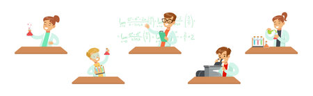 Kid Scientist Character in Gown at Laboratory Doing Research Vector Setのイラスト素材