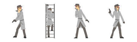 Inspecting Man Detective Character in Hat and Coat Vector Setのイラスト素材