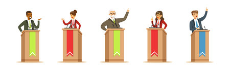 Man and Woman Speakers Speaking Behind Podium with Microphone Vector Setのイラスト素材