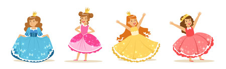 Cute Girl Princess Character in Pretty Dress with Golden Crown on Head Vector Setのイラスト素材