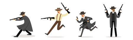 Man Gangster in Coat and Hat with Handgun Vector Setのイラスト素材