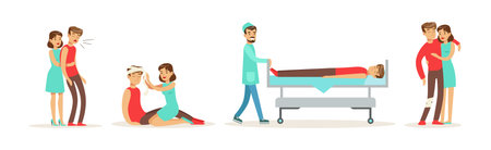 Woman Help Man as Emergency First Aid and Rescue Scene Vector Setのイラスト素材