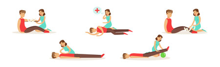 Woman Help Man as Emergency First Aid and Rescue Scene Vector Setのイラスト素材