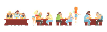 Man at Bar Sit at Table Drink Beer Vector Setのイラスト素材