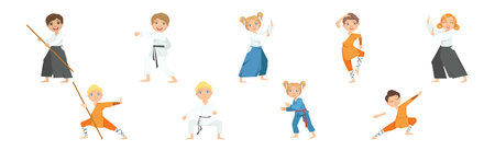 Boy and Girl Character Do Taekwondo or Judo Workout Vector Setのイラスト素材